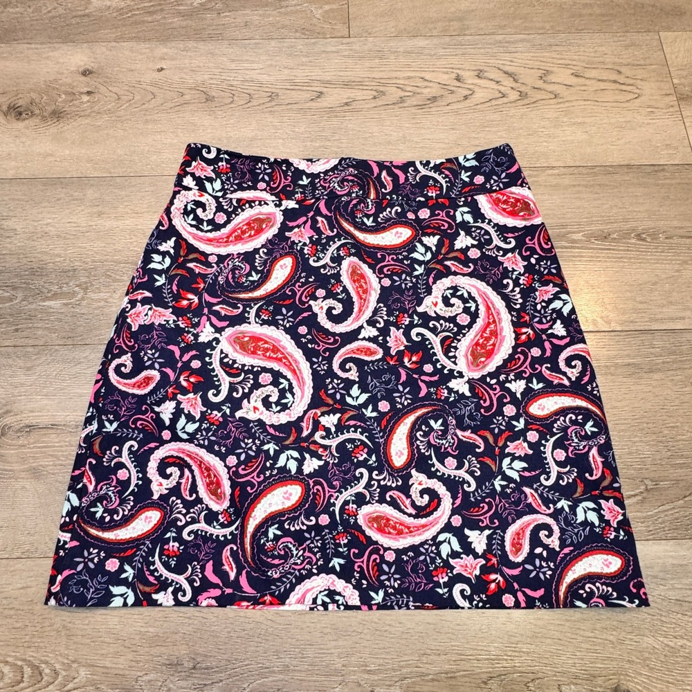 Talbots Womens Paisley Print A-Line Skirt Navy Pink Red Sz 4 Small Cotton Career